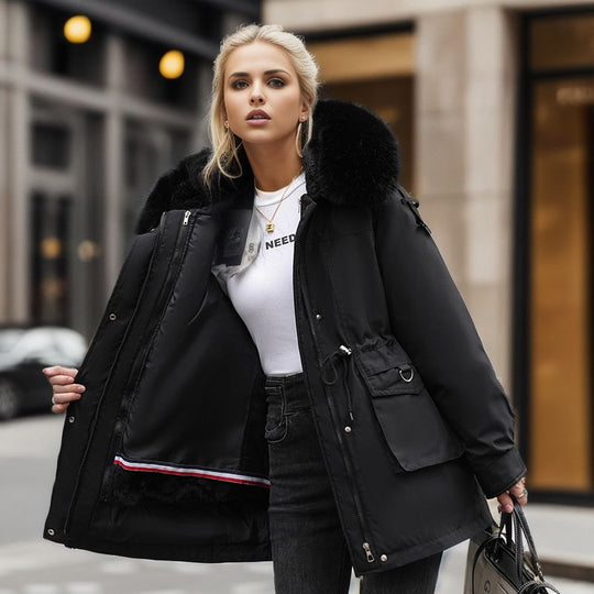 Damen warme Winterjacke mit abnehmbarem Pelzkragen EB