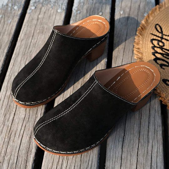 Damen bequeme Clogs aus hochwertigem Wildleder mit elegantem Blockabsatz EB