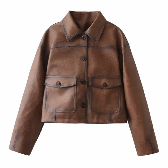 Damen Kunstlederjacke im modernen Cropped-Design mit praktischen Taschen EB