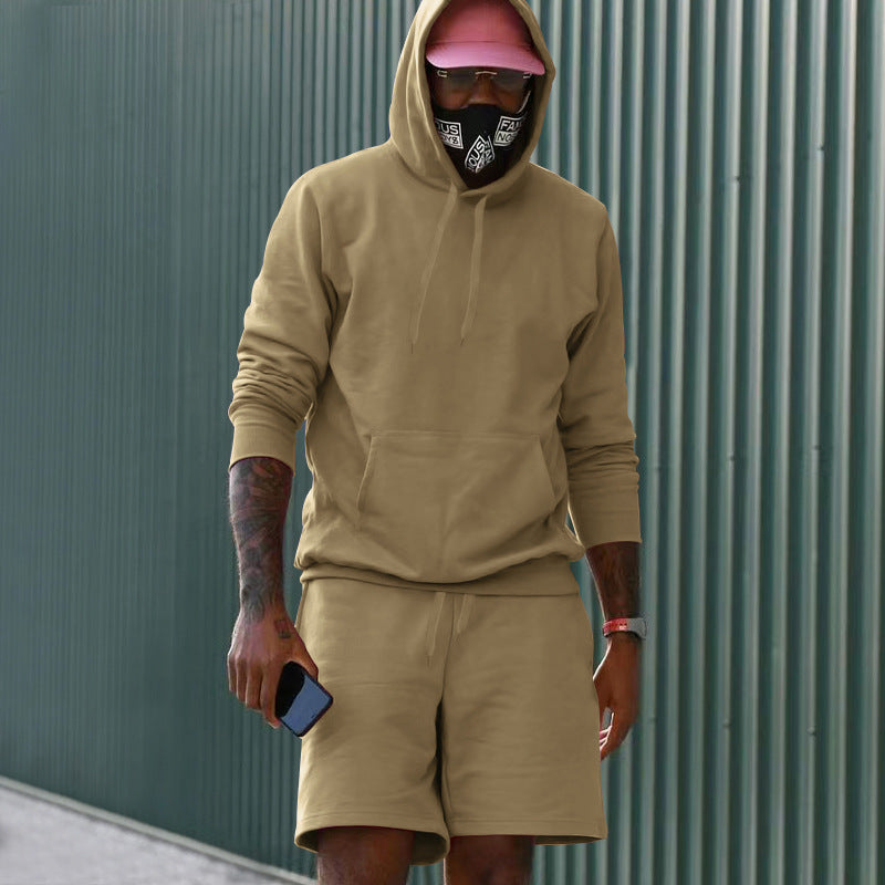 Herren nan zweiteiliges Freizeit-Set Hoodie und Sweatshorts aus French Terry mit Kängurutasche und Tunnelzug EB
