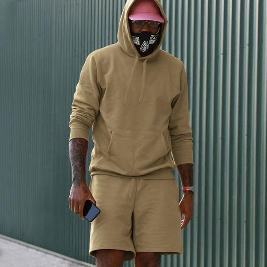 Herren nan zweiteiliges Freizeit-Set Hoodie und Sweatshorts aus French Terry mit Kängurutasche und Tunnelzug EB