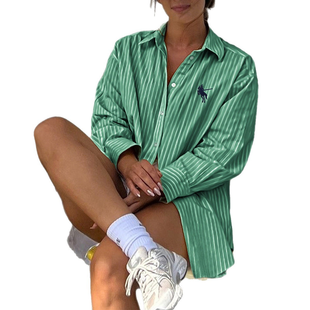 Damen nan oversized gestreifte Hemdbluse mit verlängertem Rückteil und extraweiten Manschetten EB