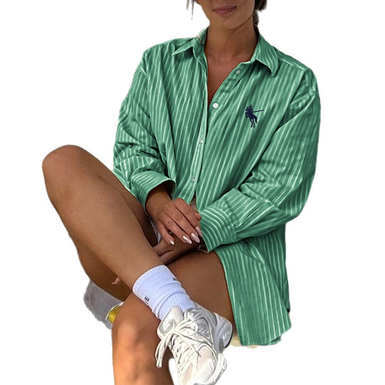 Damen nan oversized gestreifte Hemdbluse mit verlängertem Rückteil und extraweiten Manschetten EB
