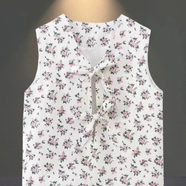 Damen Bluse mit floralen Akzenten und hübschem Bindeband EB