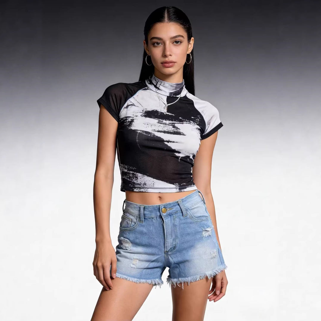 Damen Crop Top und High-Waist Jeans-Shorts EB