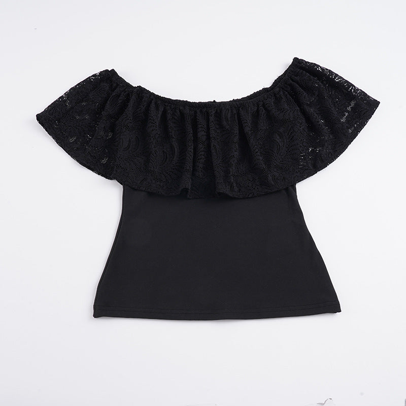 Damen Off-Shoulder Oberteil mit Rüschendetails und eleganten Spitzenakzenten EB