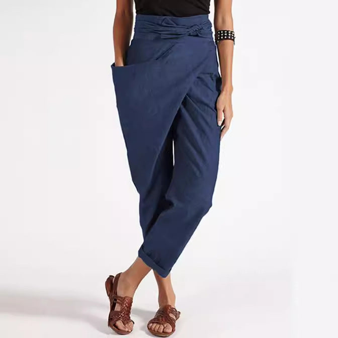 Damen nan Wickelhose aus Leinenmix mit hohem Taillenbund, überlappender Vorderseite und großzügiger Eingrifftasche EB