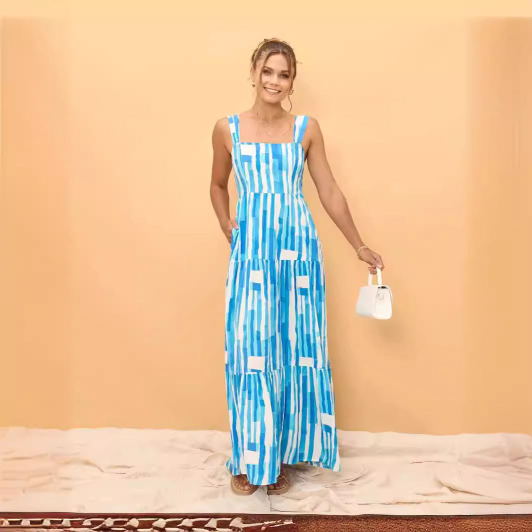 Damen Maxikleid mit verstellbaren Trägern und einzigartigem Streifenmuster EB