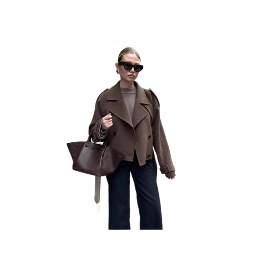 Damen elegante und vielseitige Wolljacke mit doppelter Knopfleiste und breitem Kragen EB