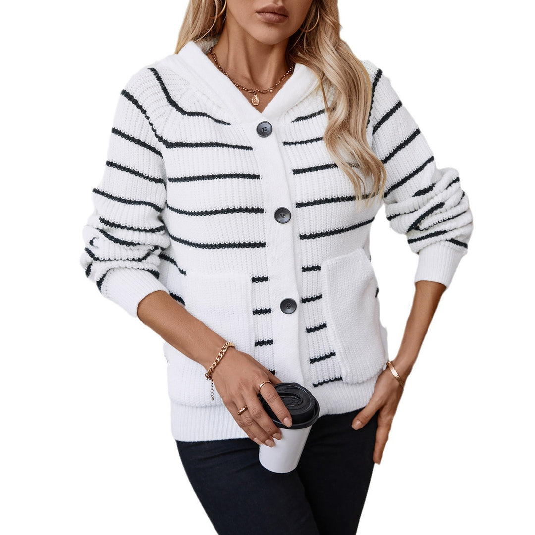 Damen gestreifte Strickjacke mit Kapuze und Taschen EB
