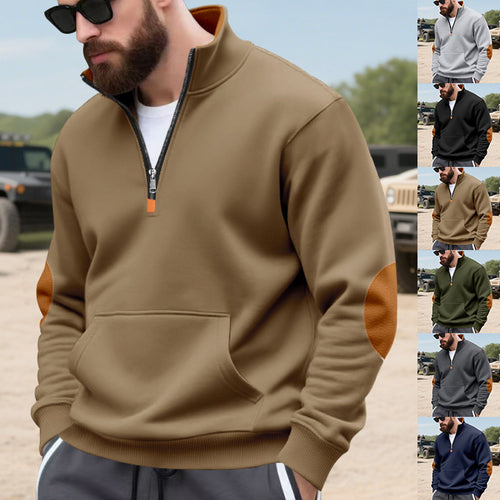 Herren nan Halbzip-Sweatshirt mit Stehkragen, Kängurutasche und kontrastierenden Ellbogenpatches EB