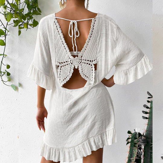 Damen lässiges Strandkleid mit V-Ausschnitt und Rüschensäumen EB