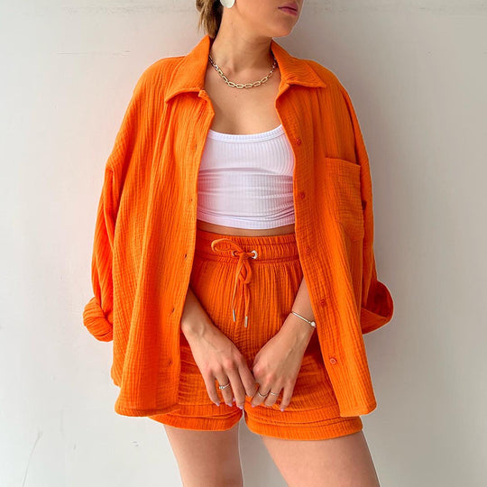 Damen nan lässiges oversized Hemd und Shorts Set mit Brusttasche Kordelbund und gerauter Baumwollstruktur EB