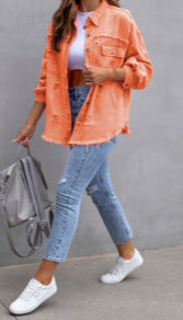 Damen Stylische Overshirt-Jacke mit fransigem Saum EB
