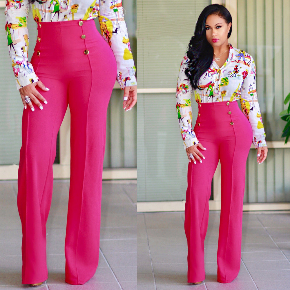 Damen hochtaillierte Palazzo-Hose mit dekorativen Knopfdetails EB