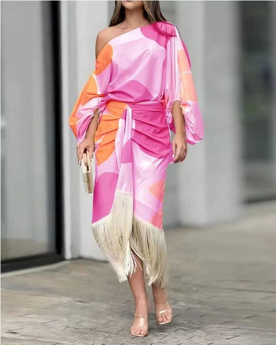 Damen Maxikleid mit Fransen und asymmetrischem Schnitt EB