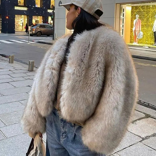 Damen kuschelige Kunstpelzjacke mit weiten Ärmeln EB