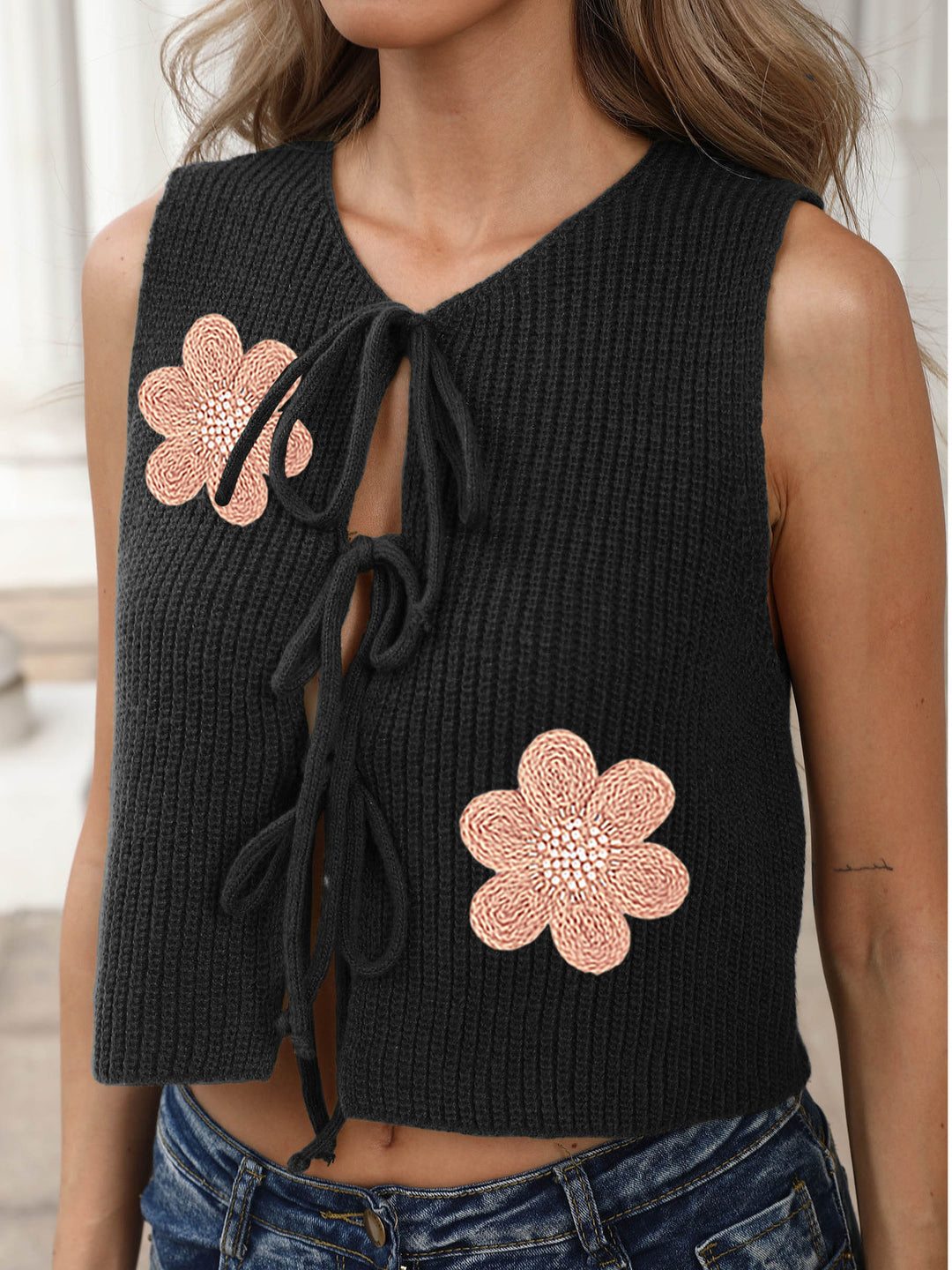 Damen Cropped Stricktop mit floralem Design und Bindebändern EB