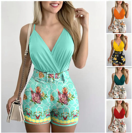 Damen Body mit tiefem V-Ausschnitt und floralem High-Waist Shorts Set EB