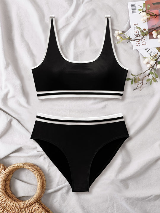 Damen Sportliches Bikini-Set mit elastischen Trägern und Kontrastbündchen EB