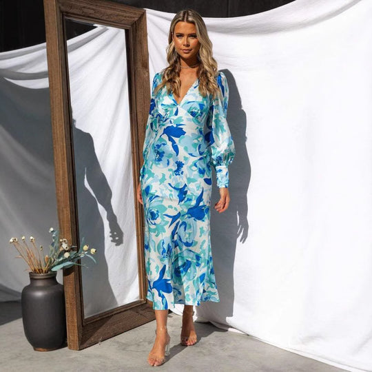 Damen Langarm Maxikleid mit floralem Muster und V-Ausschnitt EB