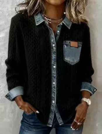 Damen nan geflochtener Strickpullover mit integriertem Jeanskragen und Brusttasche EB