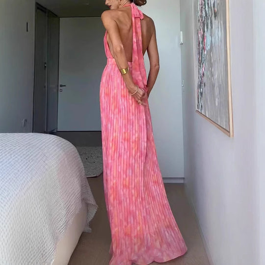 Damen Plissiertes Maxikleid mit tiefem Ausschnitt und elegantem Gürtel EB