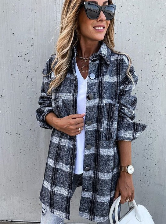 Damen Flanellhemdjacke mit Karomuster und großen Knöpfen EB