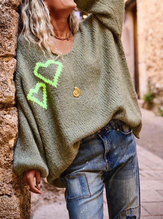 Damen Strickpullover mit liebenswertem Herzdesign und lässigem Schnitt EB