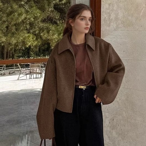 Damen modische cropped Jacke mit breitem Kragen und weichen Materialien EB