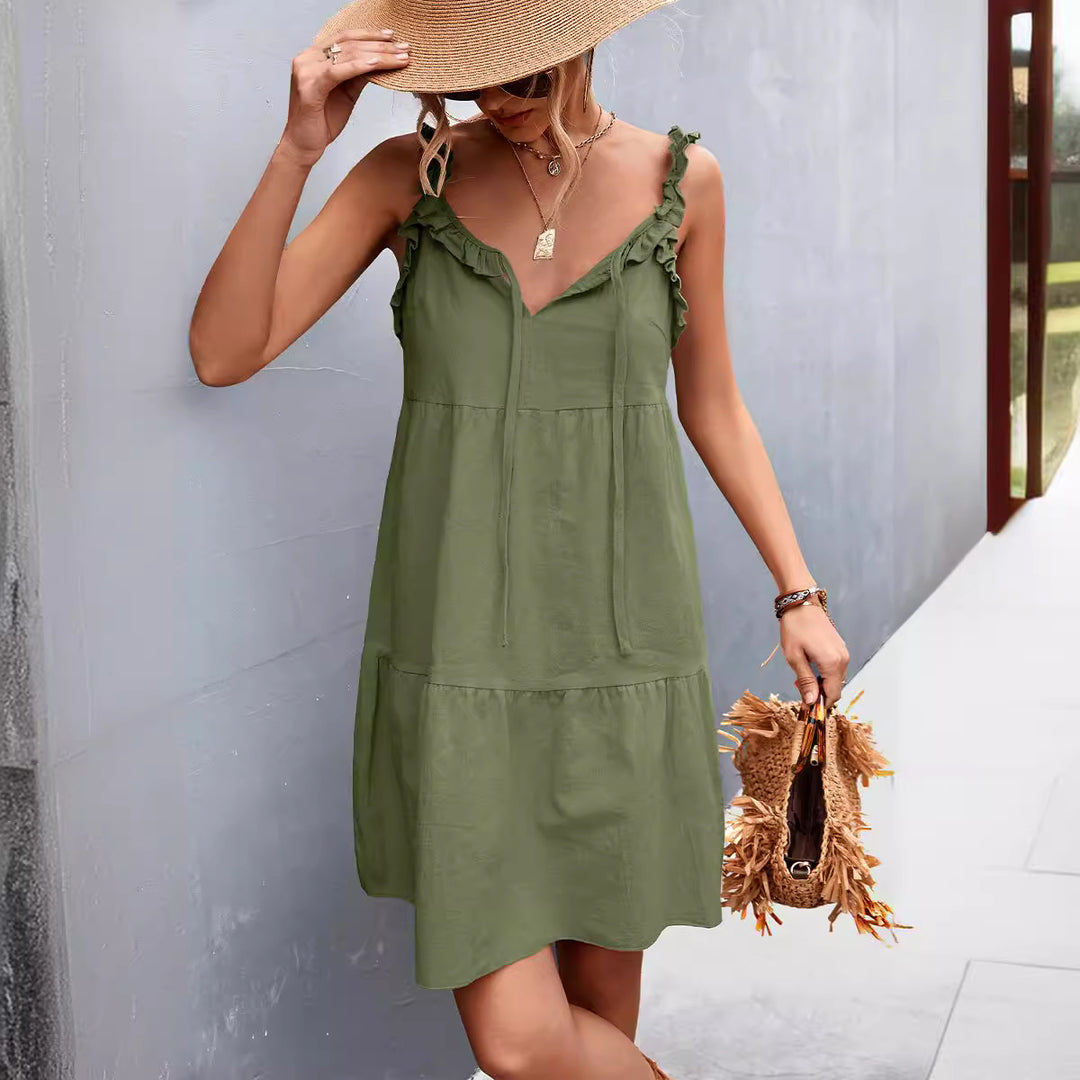 Damen lässiges Sommerkleid mit Rüschendetails und verstellbarem Taillenzug EB