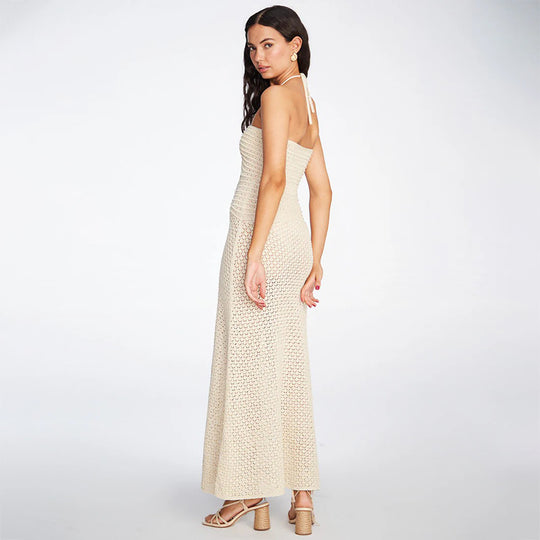 Damen gehäkeltes Maxikleid mit tiefem V-Ausschnitt und seitlichem Cut-Out EB