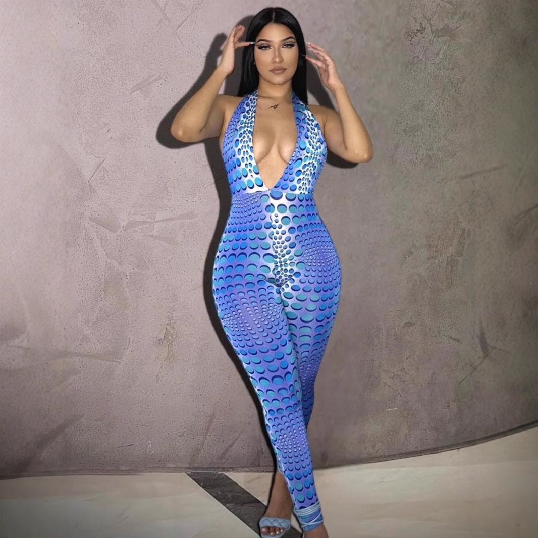 Damen Bodycon Jumpsuit mit tiefem V-Ausschnitt und exklusivem Muster EB