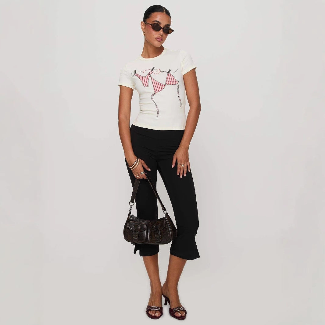 Damen T-Shirt mit kreativem Druck und figurbetontem Schnitt EB