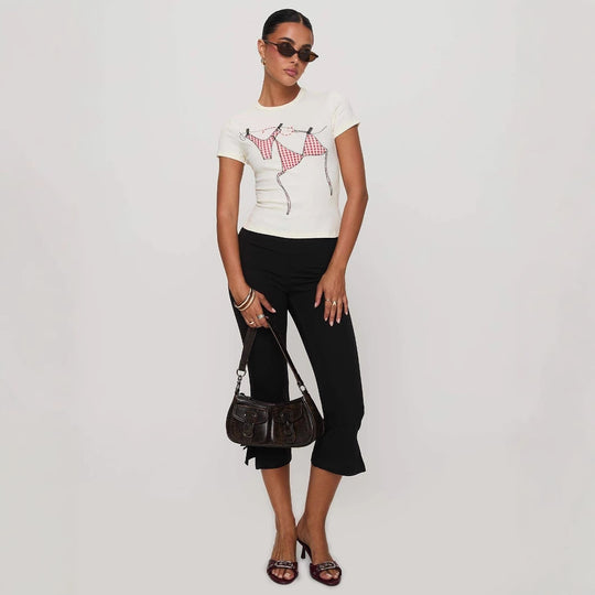 Damen T-Shirt mit kreativem Druck und figurbetontem Schnitt EB