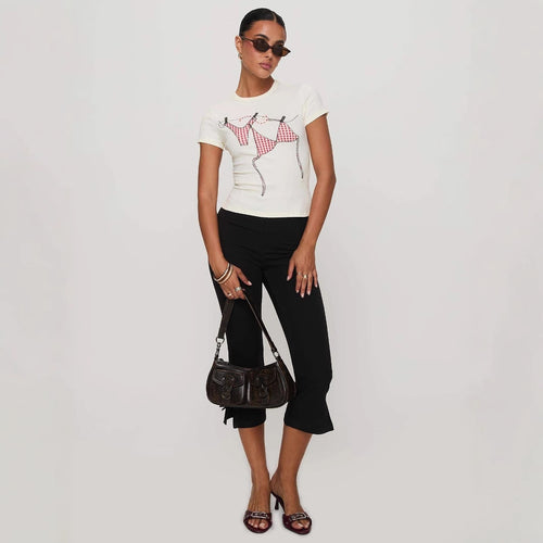 Damen T-Shirt mit kreativem Druck und figurbetontem Schnitt EB