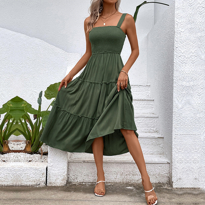 Damen Midikleid mit elastischem Oberteil und fließendem Rock EB