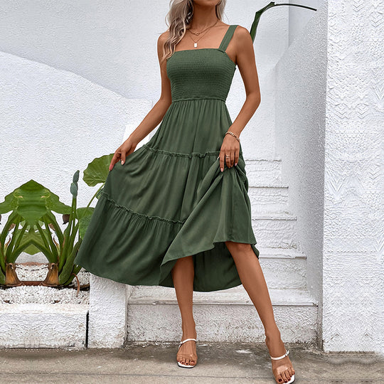 Damen Midikleid mit elastischem Oberteil und fließendem Rock EB