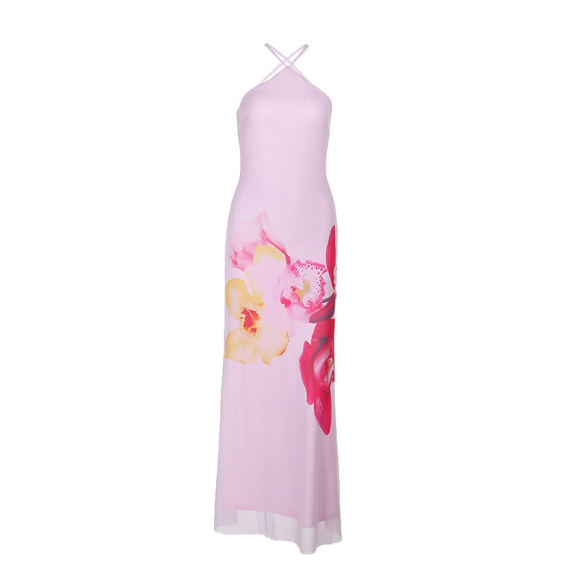 Damen florales Maxikleid mit feinen Spaghetti-Trägern EB