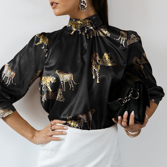 Damen Hochgeschlossenes Satinblusenshirt mit Stehkragen und Animal‑Print EB