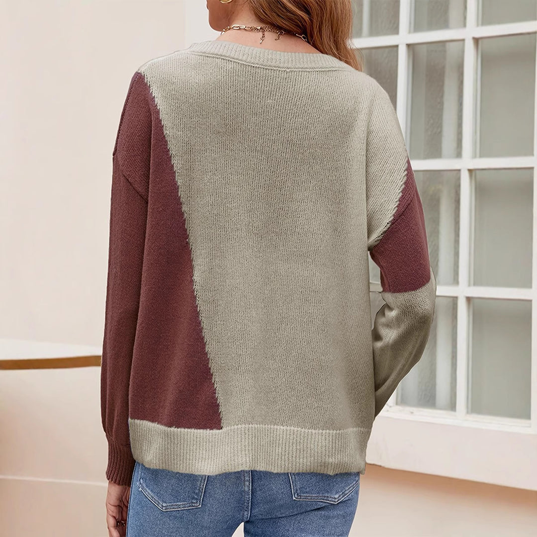 Damen modischer Pullover mit geometrischem Design und Rippstruktur EB