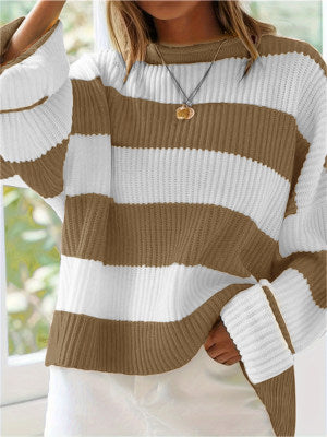 Damen lässiger Strickpullover mit breiten Streifen und lockerer Passform EB