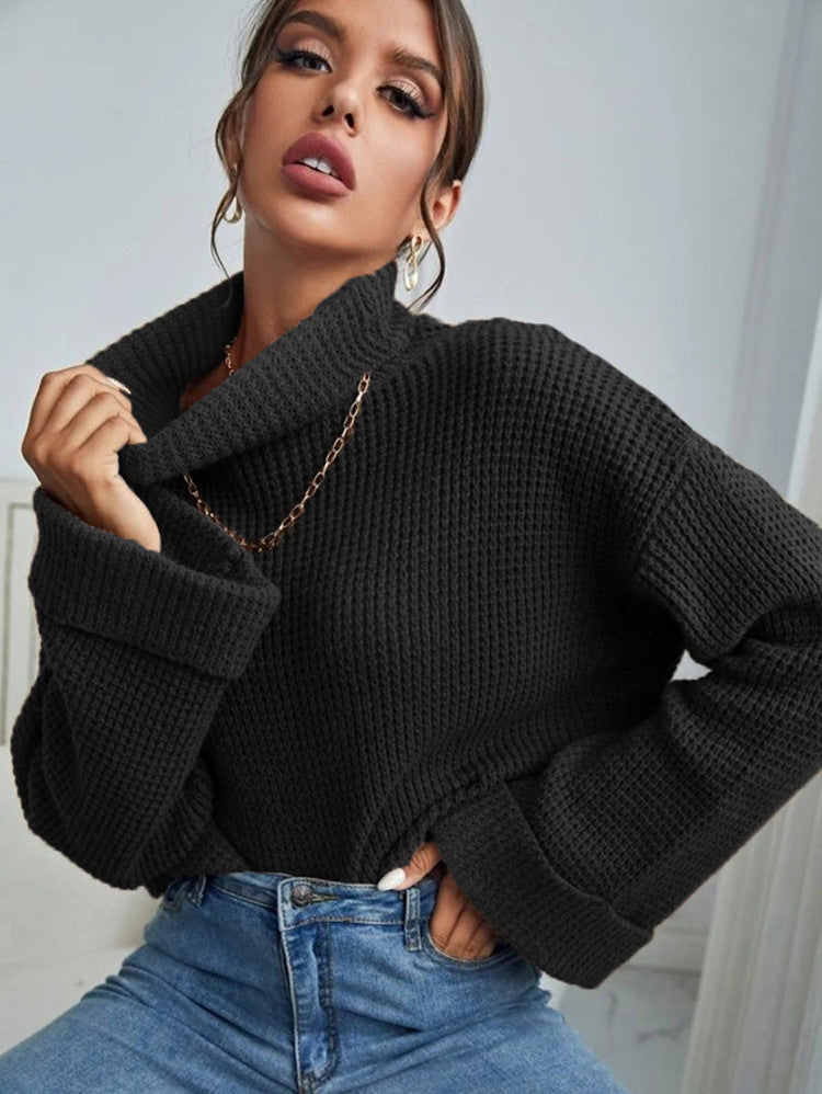 Damen Hochwertiger Strickpullover mit hohem Kragen und strukturiertem Design EB