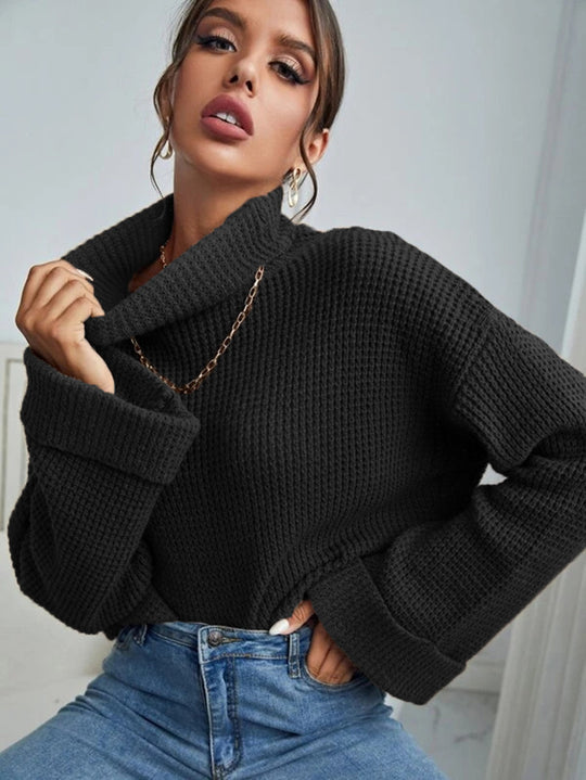 Damen Hochwertiger Strickpullover mit hohem Kragen und strukturiertem Design EB