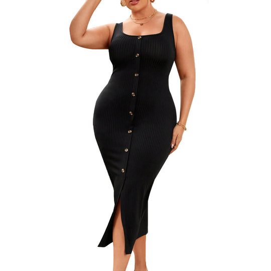 Damen figurbetontes Midikleid mit Knopfleiste und Schlitzdetail EB