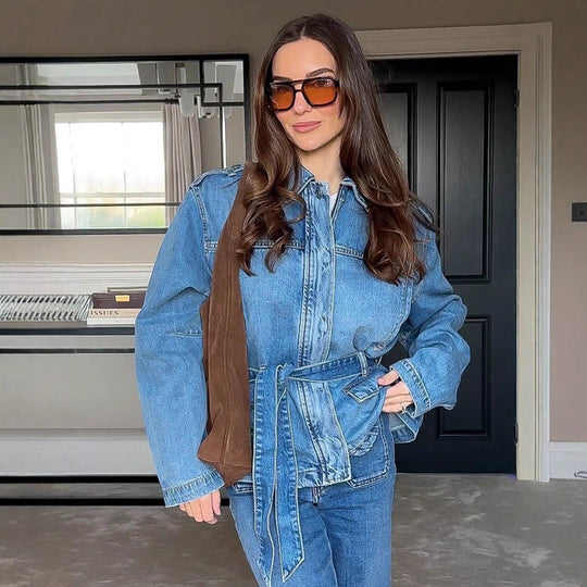 Damen elegante Denimjacke mit taillierbarem Kordelzug EB