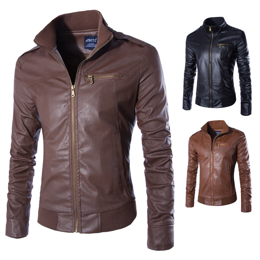 Herren modische Kunstlederjacke mit Reißverschluss und festem Kragen EB