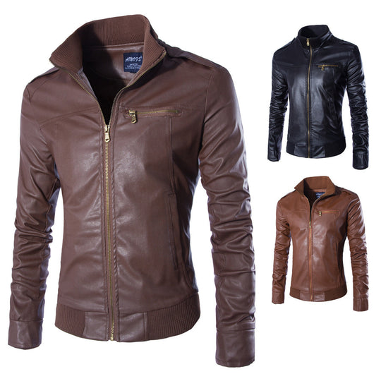 Herren modische Kunstlederjacke mit Reißverschluss und festem Kragen EB
