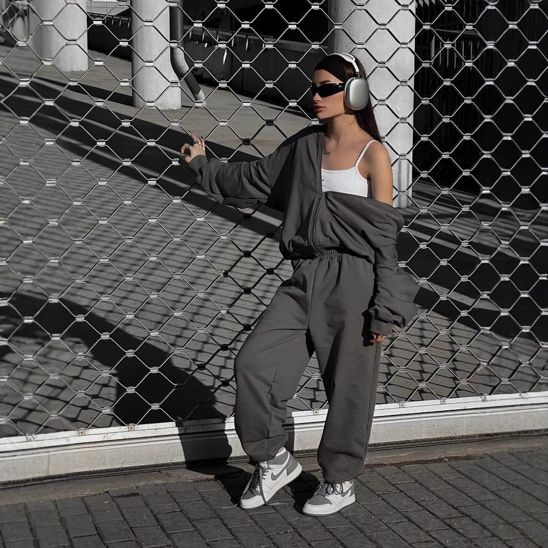 Damen Loose-Fit Freizeit-Set mit Zip-Kapuze und weitem Palazzo-Jogger EB