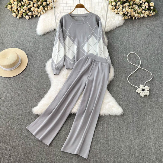 Damen elegantes Strick-Loungewear-Set mit Rautenmuster und weitem Bein EB